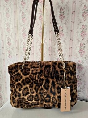 Expressions NYC Leopard Faux Fur Shoulder Bag Gold Chain Tote NWT Y2K Viral